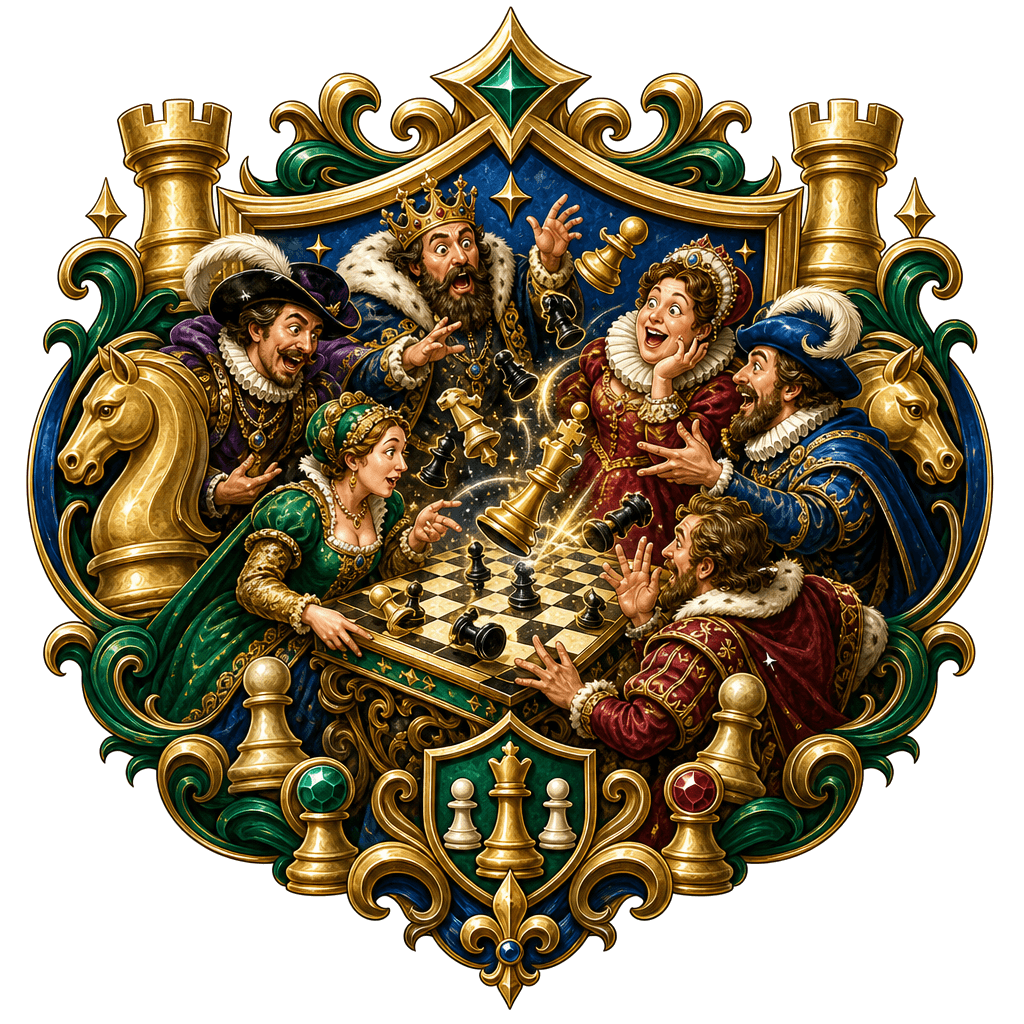 Noble men and women comically arguing around a chess table during a Multiplayer Side Quest